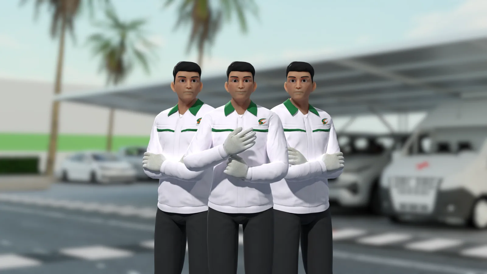 Karakter animasi 3D berseragam perusahaan